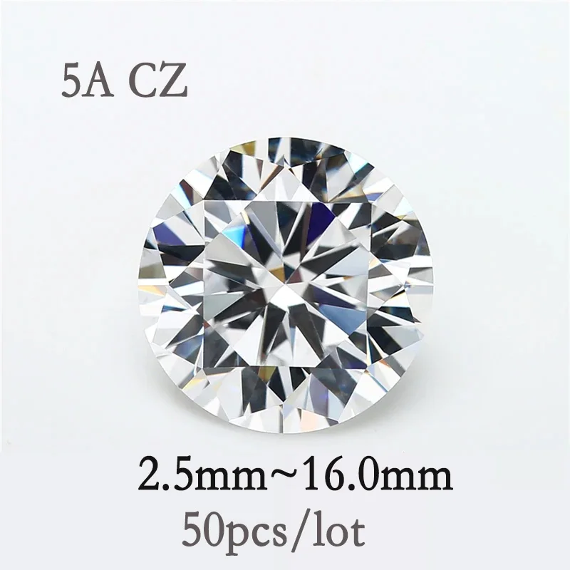 50 pcs/lot 5A qualité grandes tailles CZ 2.5 ~ 16mm pierre de zircone cubique blanche en vrac 4mm 5mm 6mm coupe ronde CZ pierres précieuses synthétiques pour bijoux