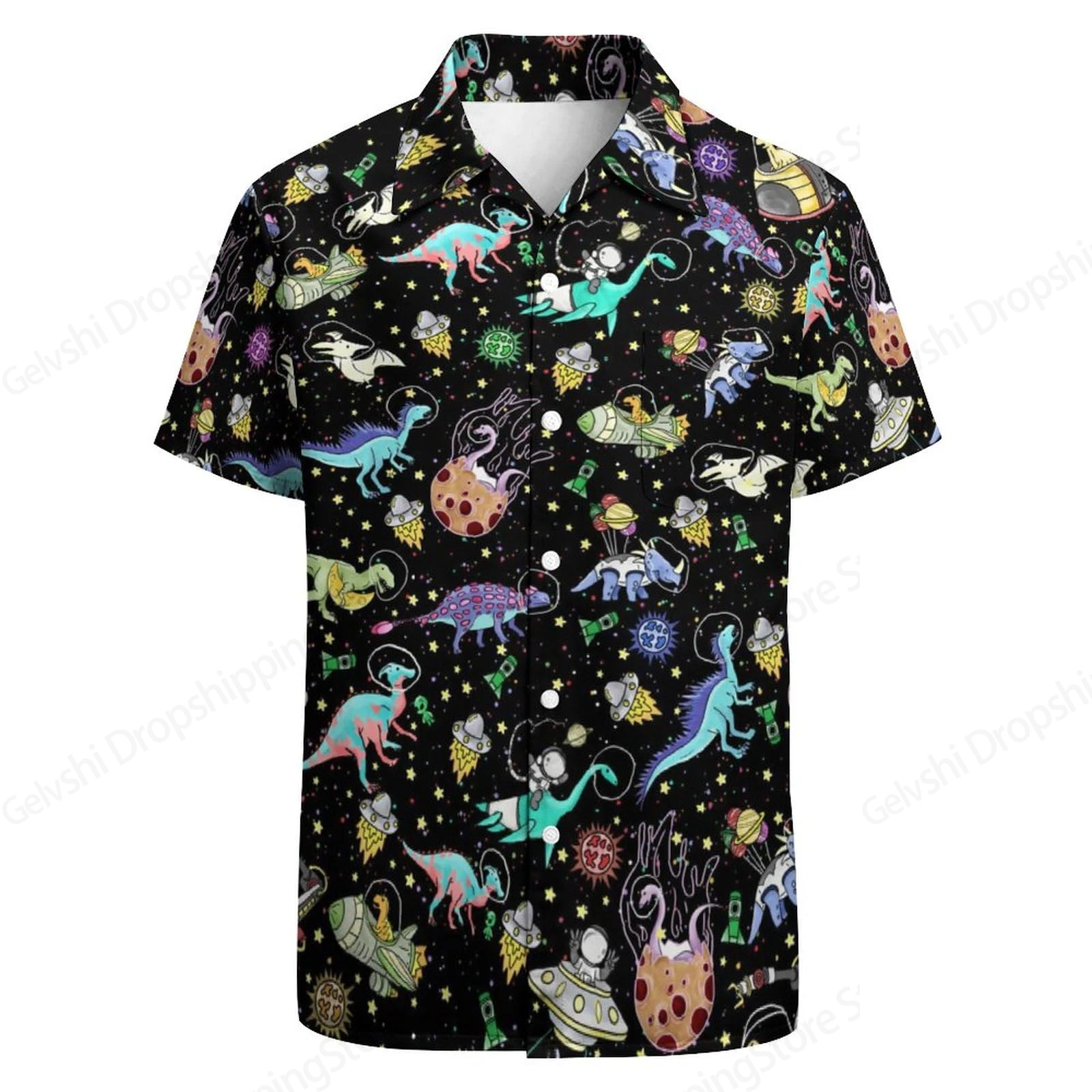 Cartoon Neon Dinosaur Hawaiian Shirt Men Women Fashion Casual Loose Beach Shirt Short Sleeve Blouse Holiday Top Retro New Camisa