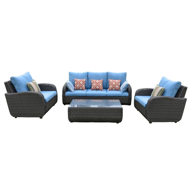 

Luxury Modern Design 4-Piece Metal Frame Sectional Hand Weaving Rattan Sofa Set Outdoor Patio Courtyard Farmhouse Garden
