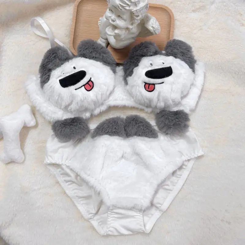 Y3NE Women's Cartoon Puppy Dog Winter Lingerie Furry Plush Bra and Panty Set School Girl Japanese Anime Cosplay Underwear