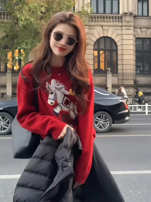 

Красный вязаный свитер из толстого кашемира для женщин, свободный крой, осенне-зимняя верхняя одежда, базовый вязаный топ для повседневной носки, модный стиль