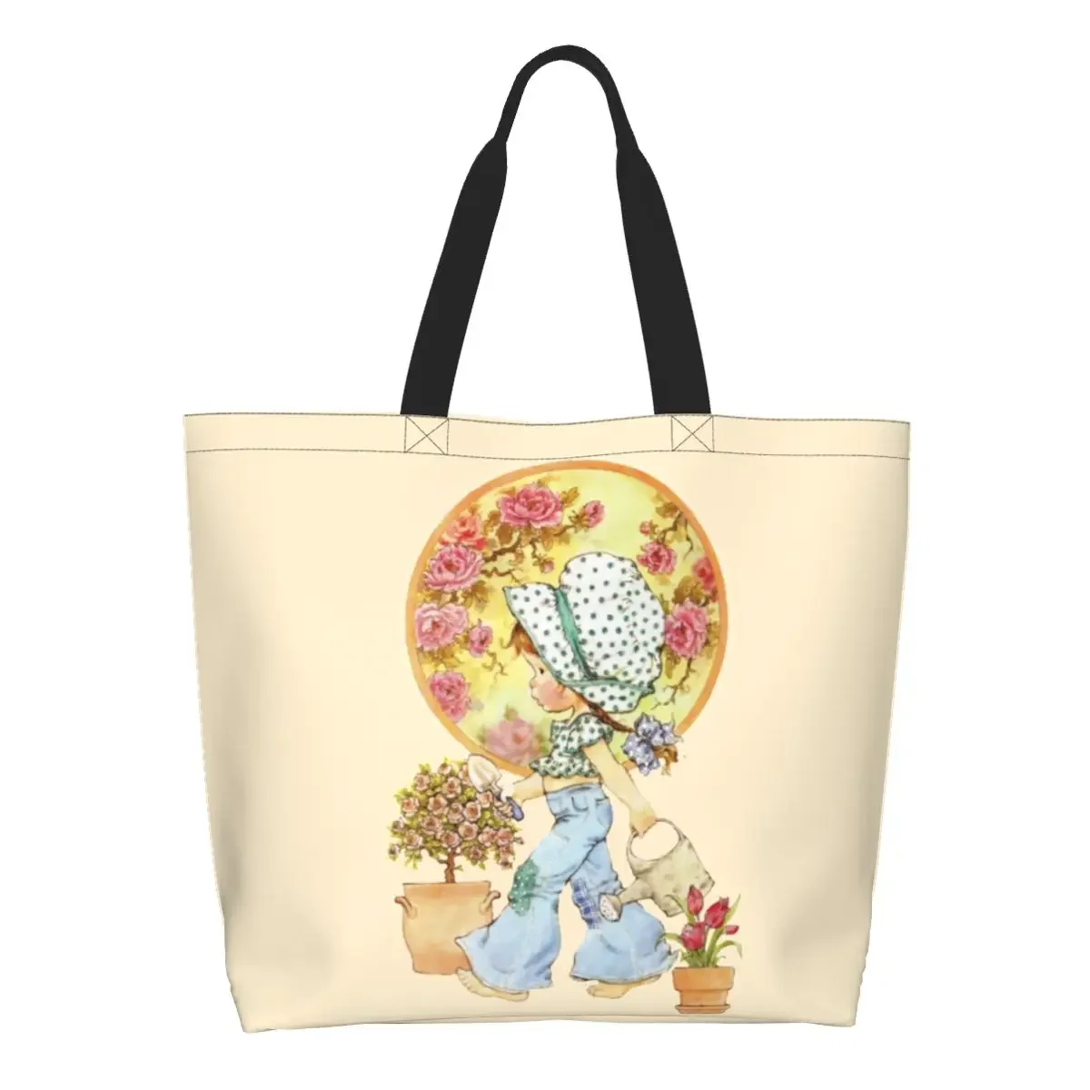 

Custom Kawaii Sarah Kay Shopping Canvas Bags Women Portable Large Capacity Groceries Girl Roses And Watering Tote Shopper Bags