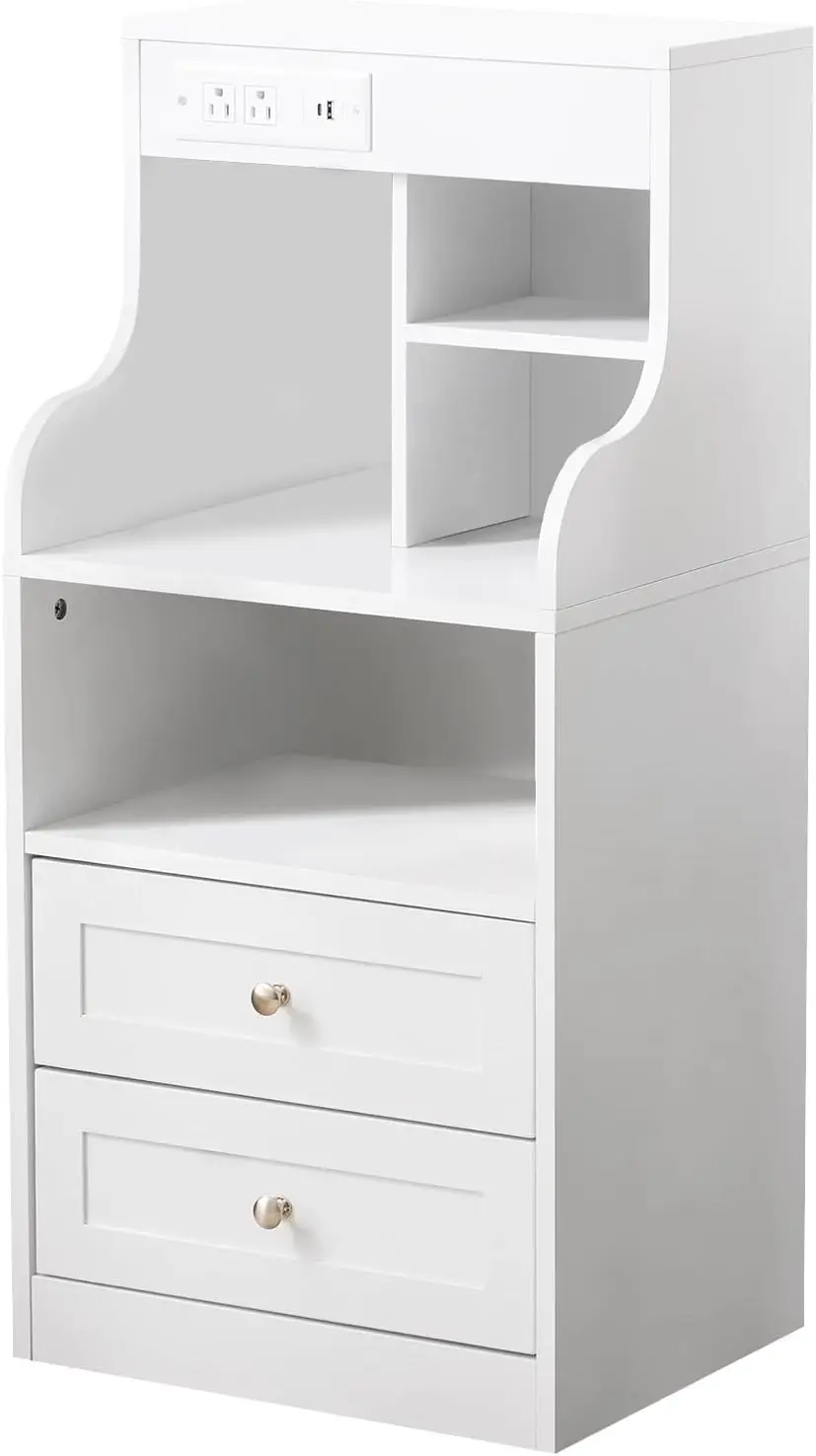 

Tall Nightstand with Charging Station, 36.6'' Height White Night Stand with Drawers, Modern Smart LED Light