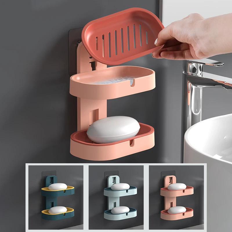 Two-Tier Soap Dish Holder With Drain Water Suction Cup Base Plastic Storage Shelf Bathroom Supplies Kitchen Accessories Gadget