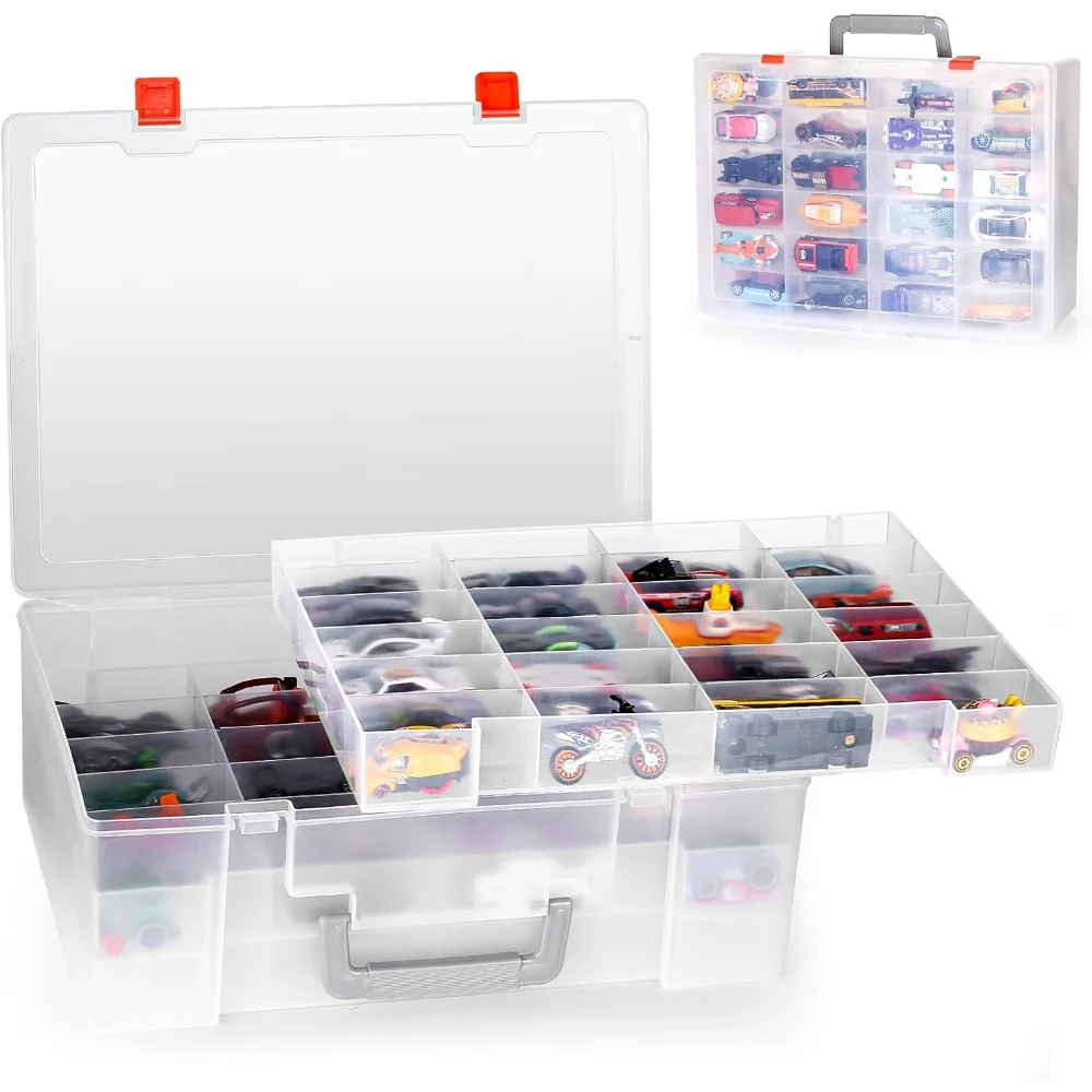 

72 Compartments Toy Storage Box with 3 Removable Trays for Hot Cars Matchbox Cars Mini Toys Small Dolls Transparent