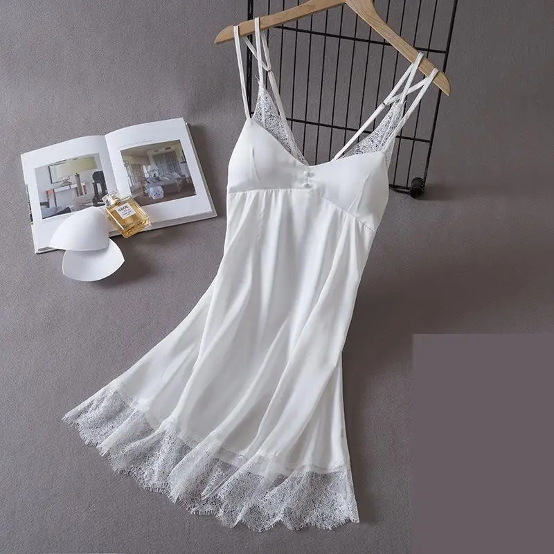 White Sleepwear Dressing Gown Sexy Backless Lace Nightgown Women Rayon Nightdress Lingerie Summer Nightwear Night Dress