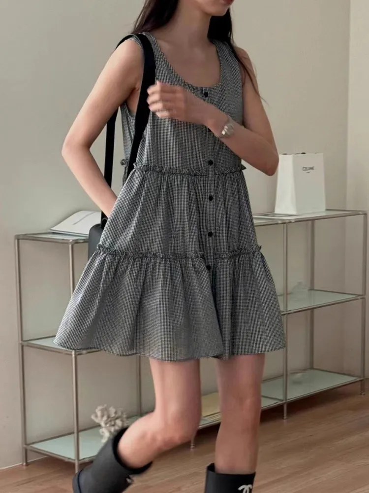 Vestido xadrez feminino fungo borda em camadas solta uma linha saia curta verão estilo retrô
