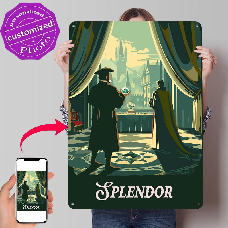 Affiche Murale Métallique Texturée 3D Personnalisée avec Illustration Inspirée du Jeu de Société Splendor, Plaque Vintage en Étain pour Décoration de Bureau