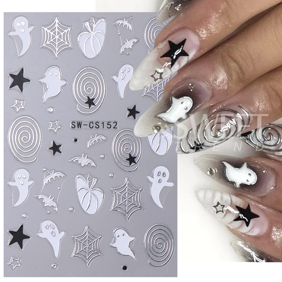 Black Silver Centipede Nail Art Stickers 3D Metallic Snake Skin Leopard Print Animal Halloween Ghost Y2K Slider Nail Decoration