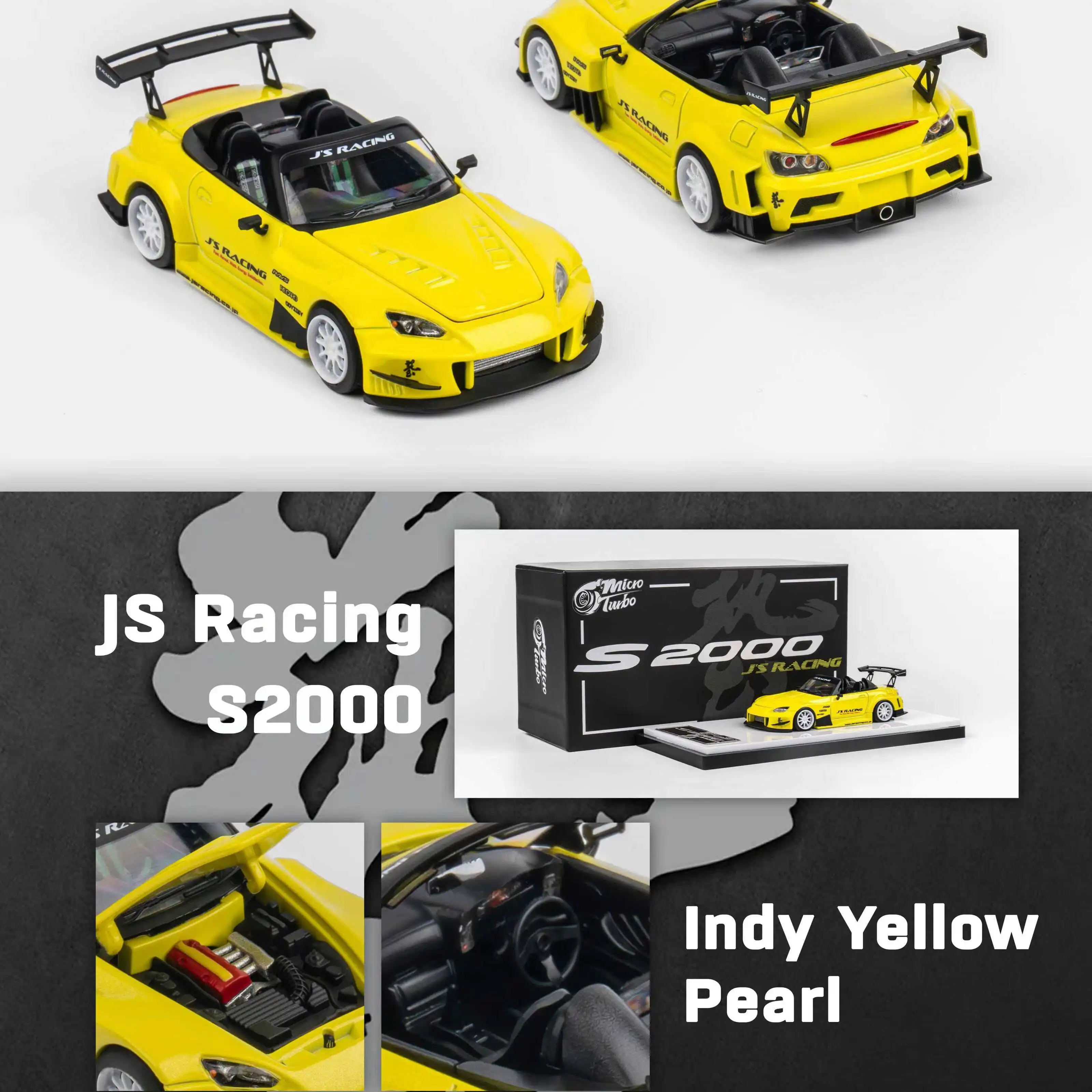 Instock Micro Turbo1:64 S2000 JS Racing Metal Yellow Alloy Car Model