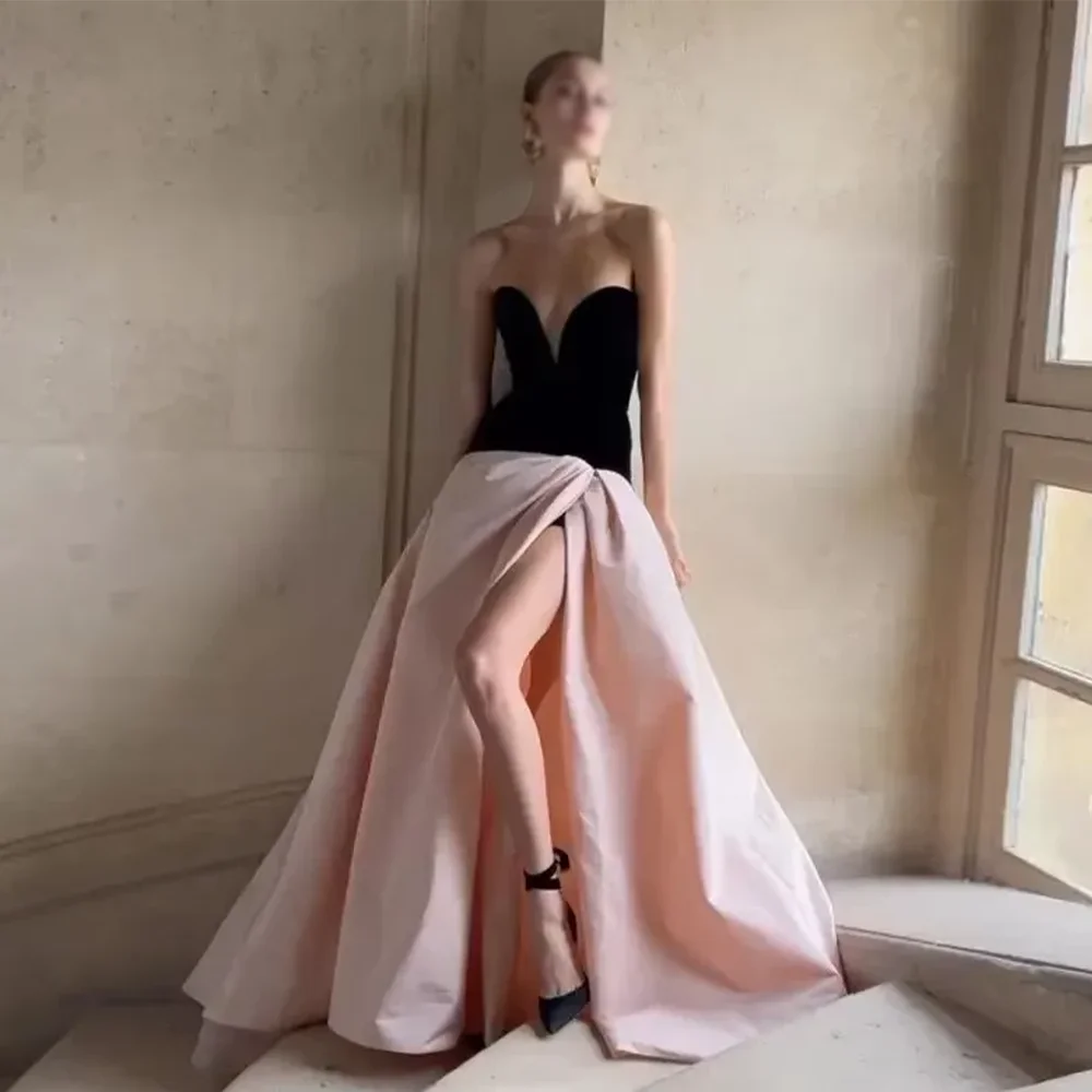 

Pink And Black Elegant Evening Dresses Formal Party Prom Gowns A-Line Floor-Length Backless Evening Prom Dresses Customized