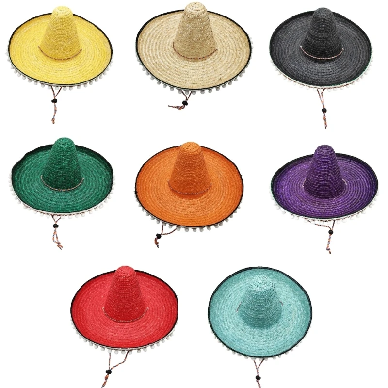 Wide Brims Straw Sombrero with White Fringe, Braided Accents and Adjustable Chin Cord for Festivals, Parties and Travel Y08E