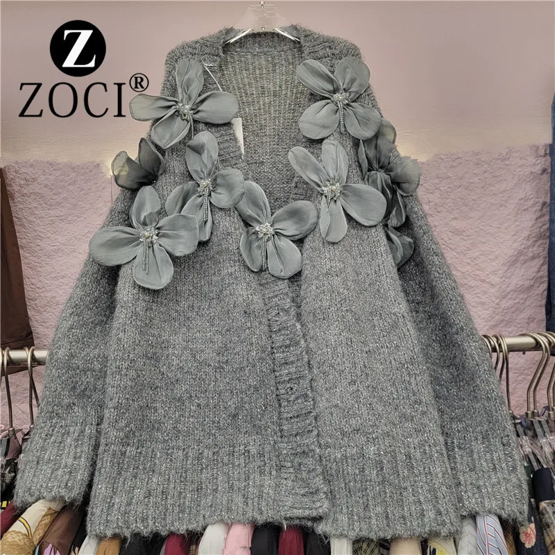 [ZOCI] V-neck Mid Length Cardigan Sweater Women's Autumn Winter New Heavy Industry Diamond Inlaid