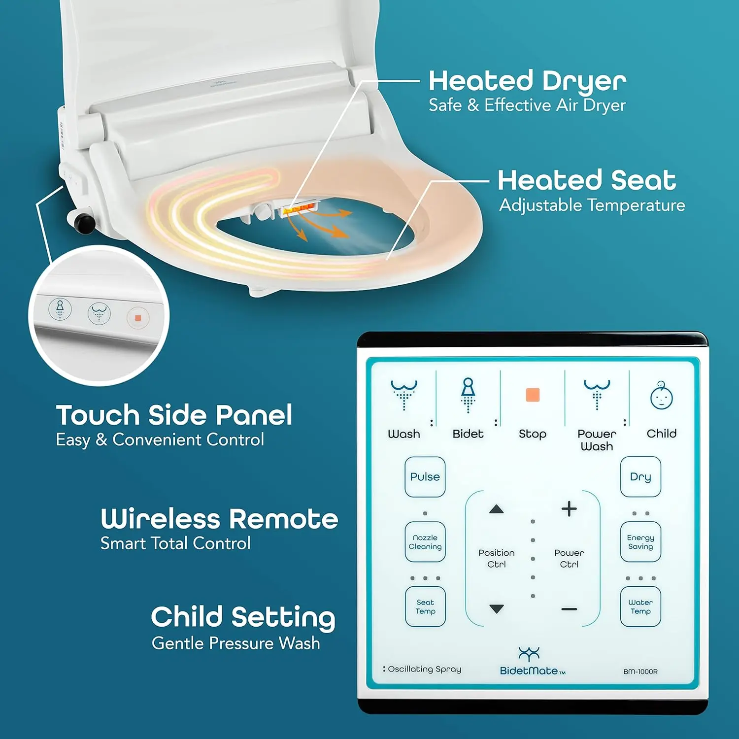 1000 Series Electric Bidet Heated Smart Toilet Seat with Heated Water, Wireless Remote, and Warm Air Dryer - Adjustable