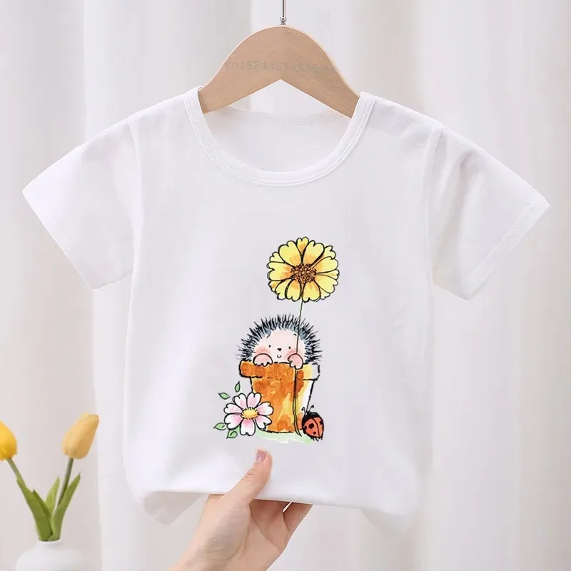 

Hot Selling Cute Hedgehog Animal Print Cartoon Children's T-shirt Children's Summer Baby Girls Top Short-sleeved T-shirt