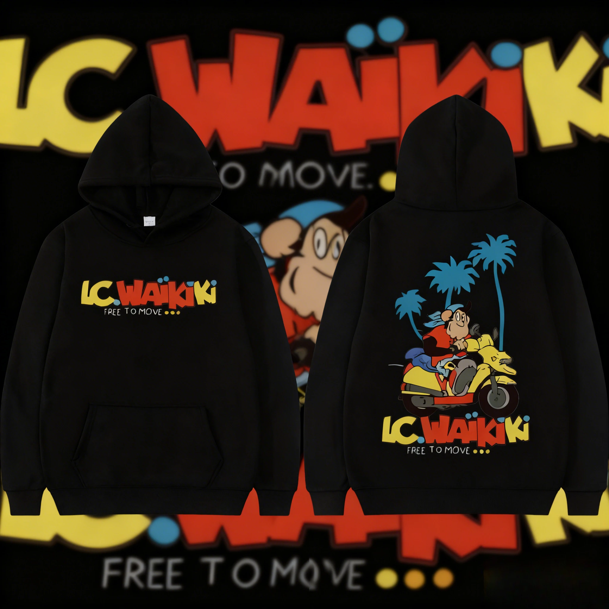 سترة بغطاء للرأس برسومات قرد Lc Waikiki للرجال والنساء 2025-26 لخريف/شتاء 100% سترة فضفاضة مطبوعة من القطن الخالص