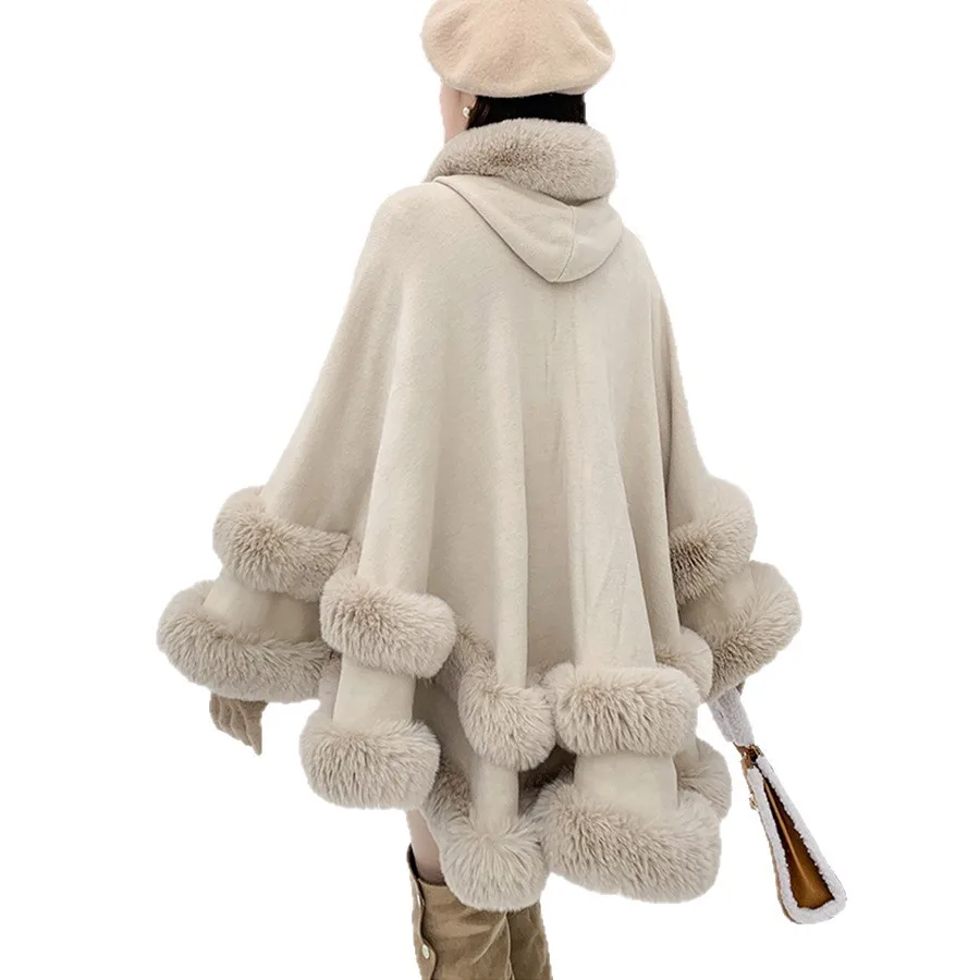 Autumn Winter Loose Fur Collar Shawl Thickened Faux Rabbit Fur Coat Large Cloak Warm Casual Style Knitted Sweater