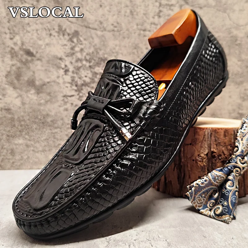 

Luxury Brand Men Leather Shoes Black Slip On Croc Print Casual Mens Dress Shoes Wedding Office Banquet Loafers Shoes Men