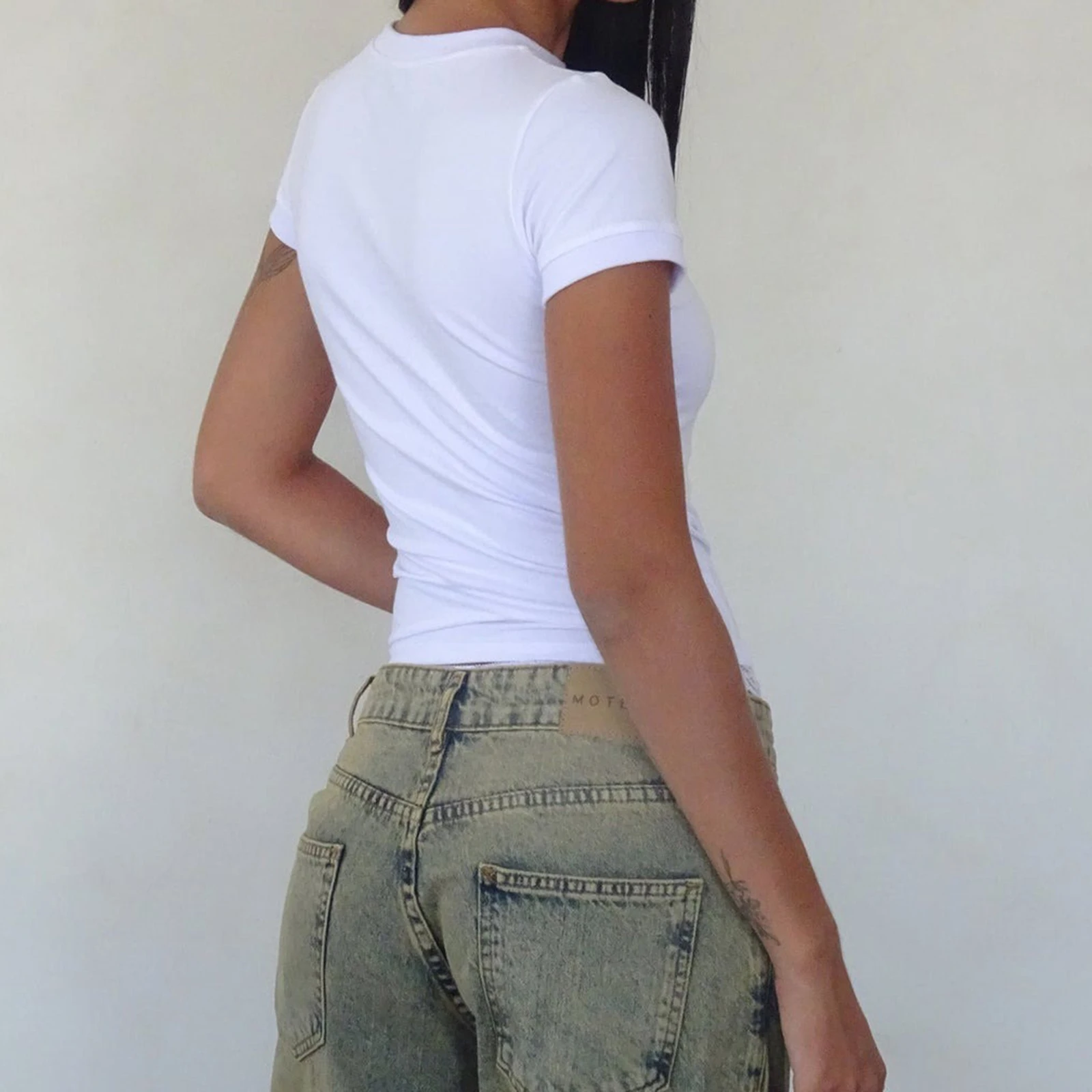 Verão feminino manga curta camisetas fino em torno do pescoço doce arco impressão colheita topos casual streetwear roupas