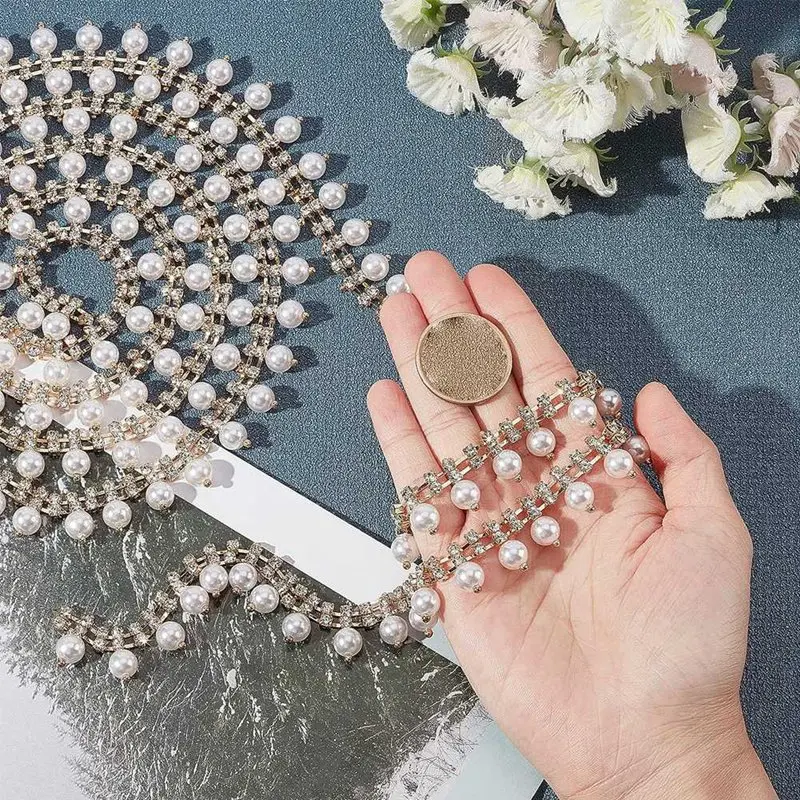 11Yard Rhinestone Fringe Trim Sew On Edging Pearl Beaded Applique Chain For Home Decor image 3