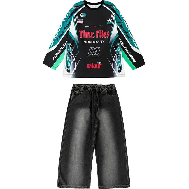 キッズK-POPヒップホップ服 ブループリントスウェットシャツトップ ブラックデニムスプレーホワイトジーンズ バギーパンツ 女の子男の子ストリートダンスコスチューム