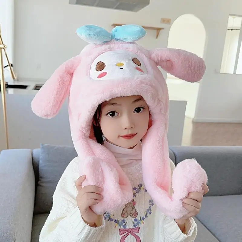 بلدي ميلودي سينامورول قبعة الشتاء الكرتون الاطفال أفخم قبعة وشاح آذان تتحرك أنيمي Kawaii الدافئة لينة هالوين اكسسوارات الحفلات هدية