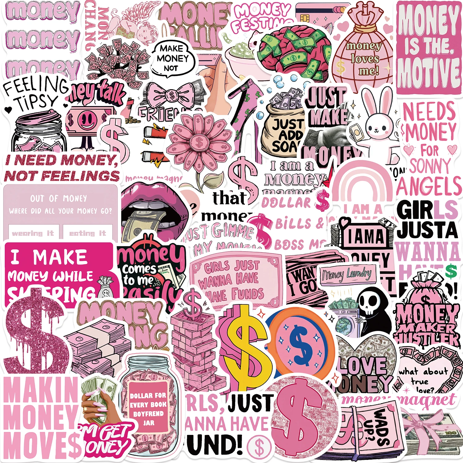 50pcs Pink Money Inspirational Aesthetic Stickers Notebook Water Bottle Luggage Book Theme Stickers Vinyl Sticker Pack