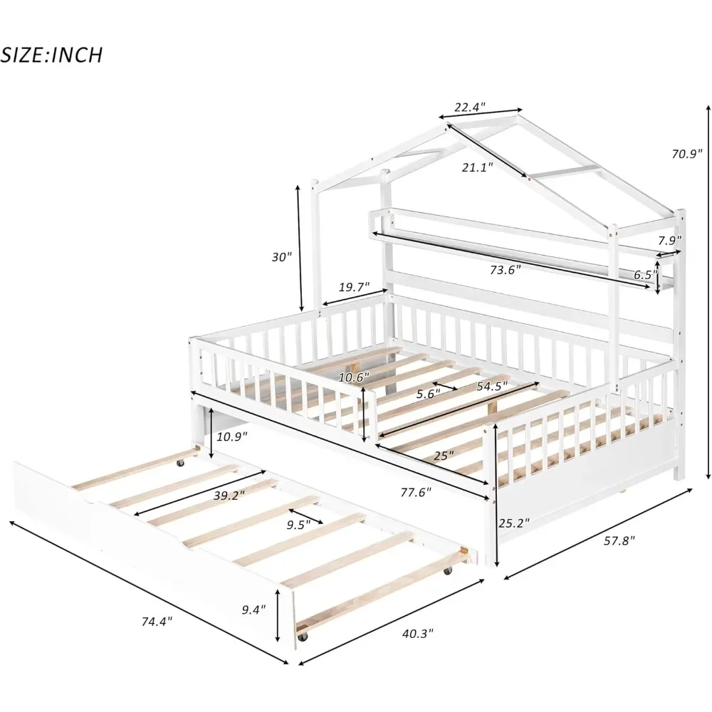 Full House Bed with Trundle, Wood Full Kids Bed Frame with Shelf, Full Size House Bed for Kids with Roof ,No Box Spring Needed