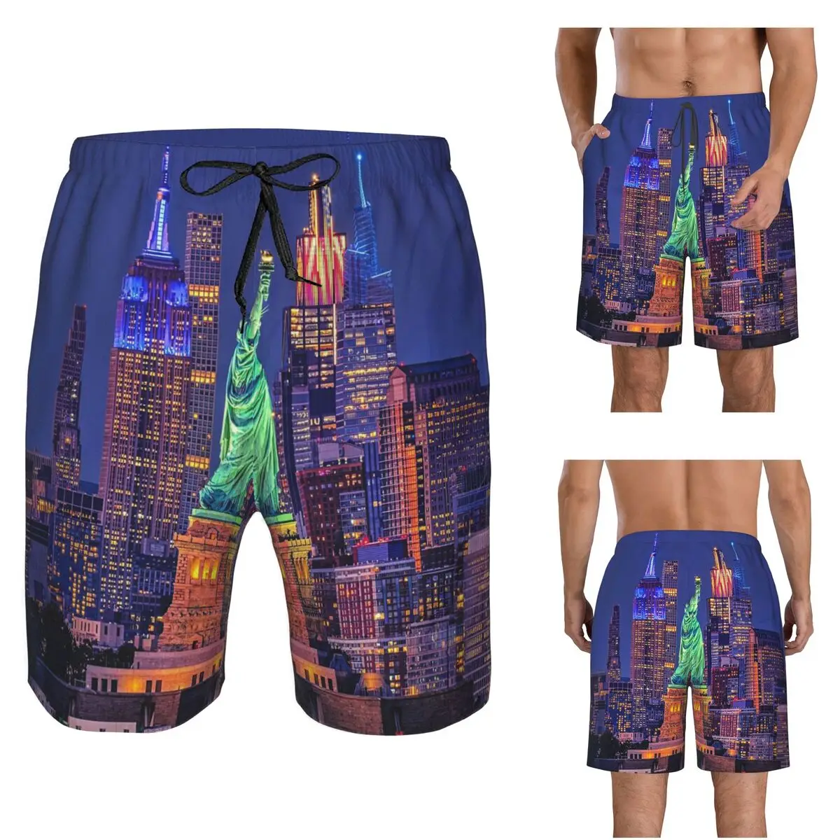 The Statue Of Liberty And Night View Of New York Trunks Beach Board Shorts Casual Quick Dry Swim Summer Men Pants