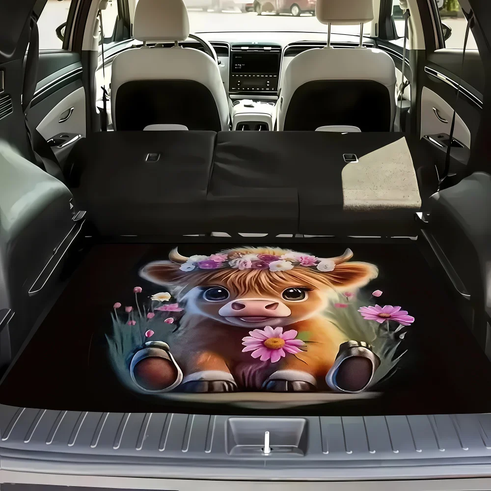 Single Piece Car Mat Featuring A Highland Cow Adorned With A Floral Crown - Charming Bovine Image Surrounded By Pink Cosmos Flow