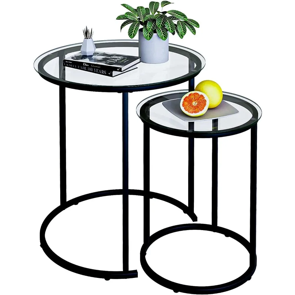 

Modern black tempered glass coffee table side table, metal frame round table. Living room small glass coffee table 23.2 inches