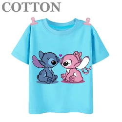 Disney Anime Stitch Children's Cotton Summer Fashion Multiple Cartoon Casual T-shirts Round Neck Short Sleeve Print Pattern