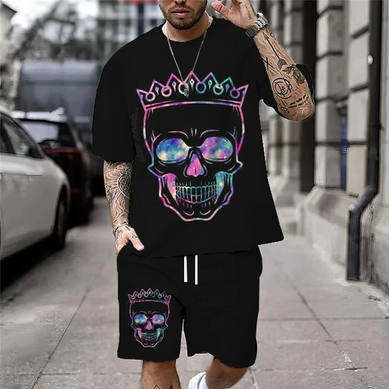 Vintage Skull Print 2Pcs 3D Sets Men T-shirt +Shorts 2pcs set New O-neck Streetwear Fashion Sweatshirt Casual Two Piece Set