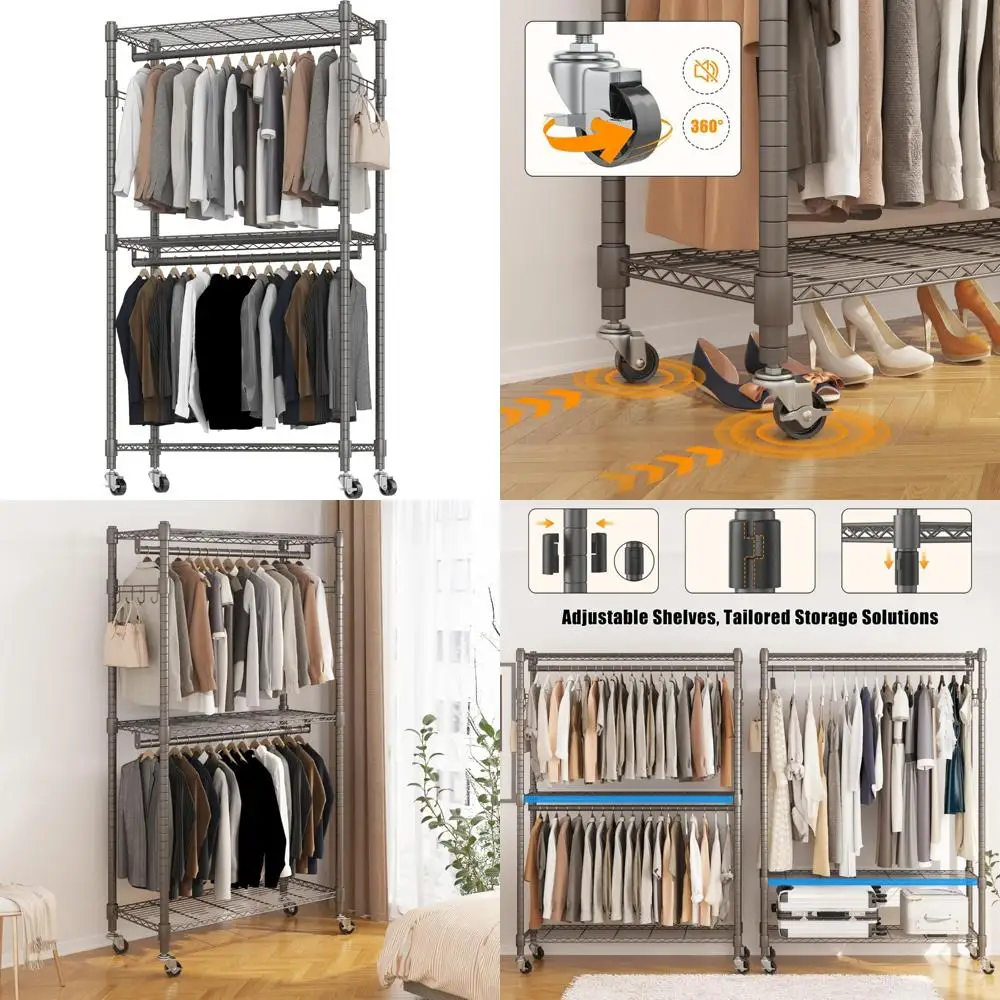 

Портативная вешалка для одежды на колесиках, металлический шкаф с колесиками и 8 боковыми крючками для подвешивания одежды и хранения