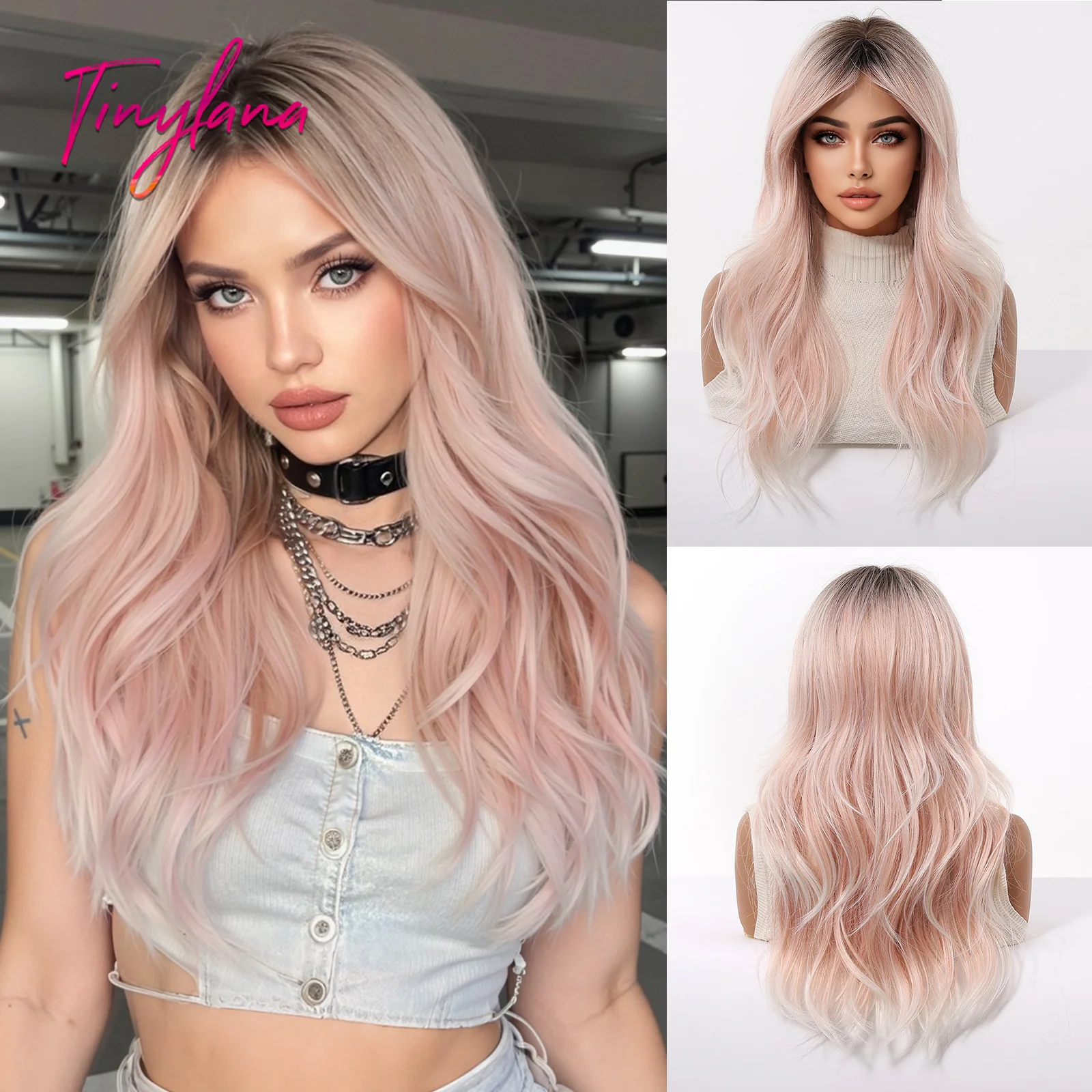 

Long Ombre Light Pink Natural Wave Synthetic Wigs with Bangs for Women Lolita Cosplay Wigs Daily Wavy Fake Hair Heat Resistant