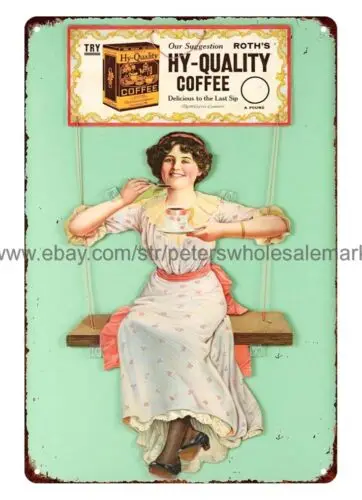 1920s Hy-Quality Coffee swing girl metal tin sign beautiful office designs