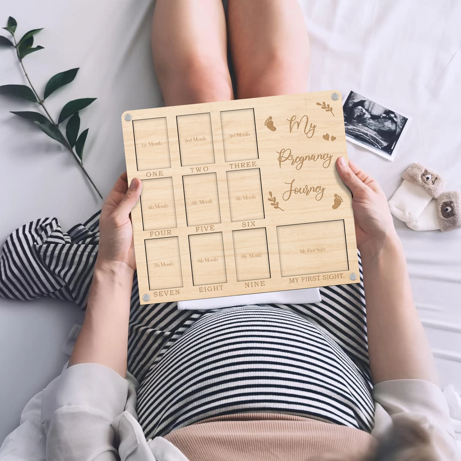 My Pregnancy Journey 2 Layer Photo Board - 10 Photo Slots for 9 Months & Ultrasound - Wooden Baby Keepsake Display