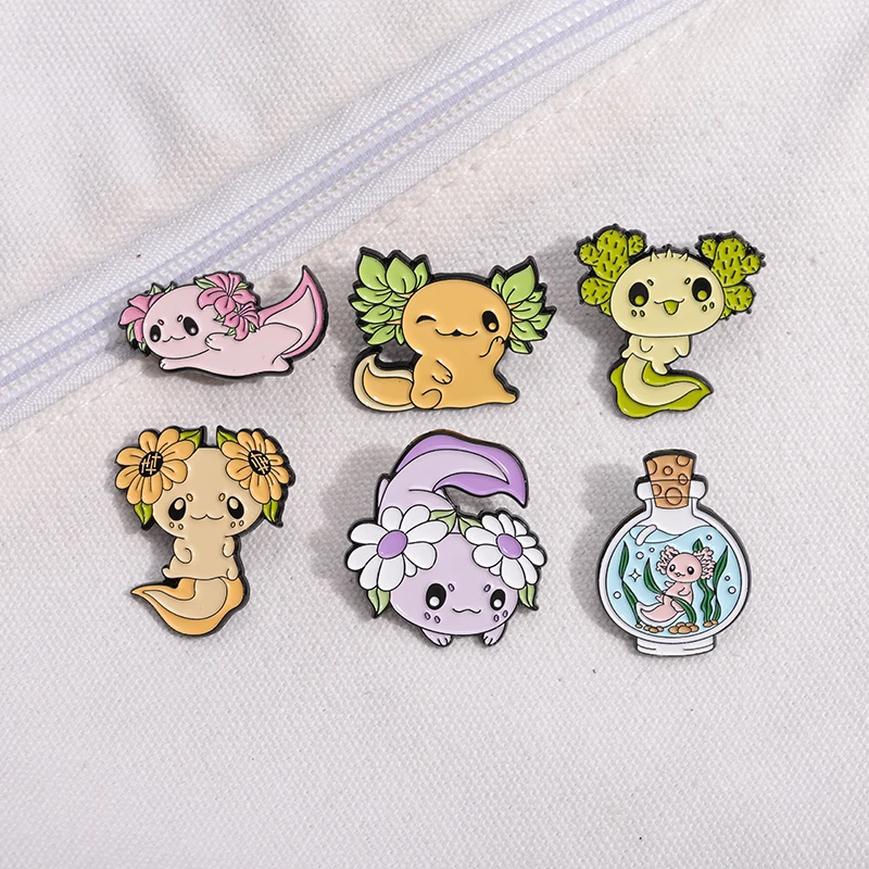 Cute Flower Salamander Enamel Pins Cartoon Ocean Animals Brooches Kawaii Creative Axolotl Lapel Backpack Badge Jewelry Wholesale