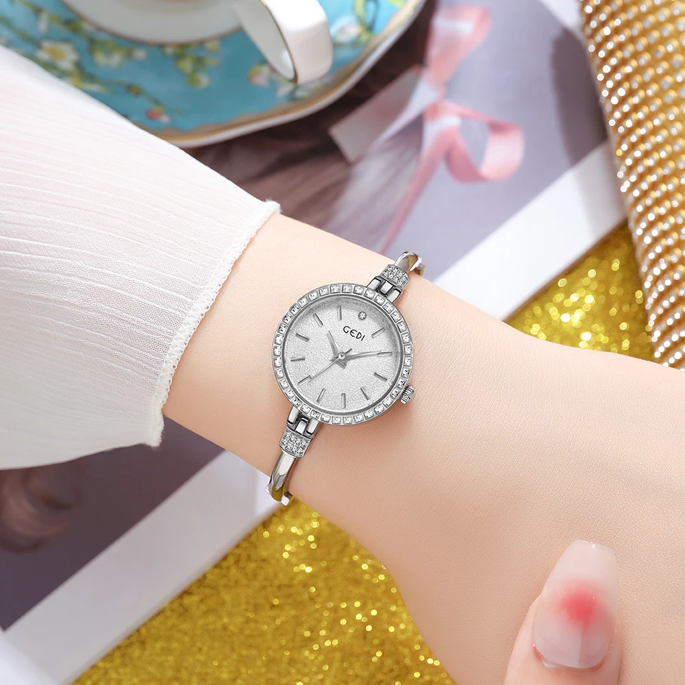 GEDI Elegant Women Quartz Wrist Watches Diamond Bezel Frosted Dial Plate Waterproof Ladies Jewelry Watch Silvery Watch for Women