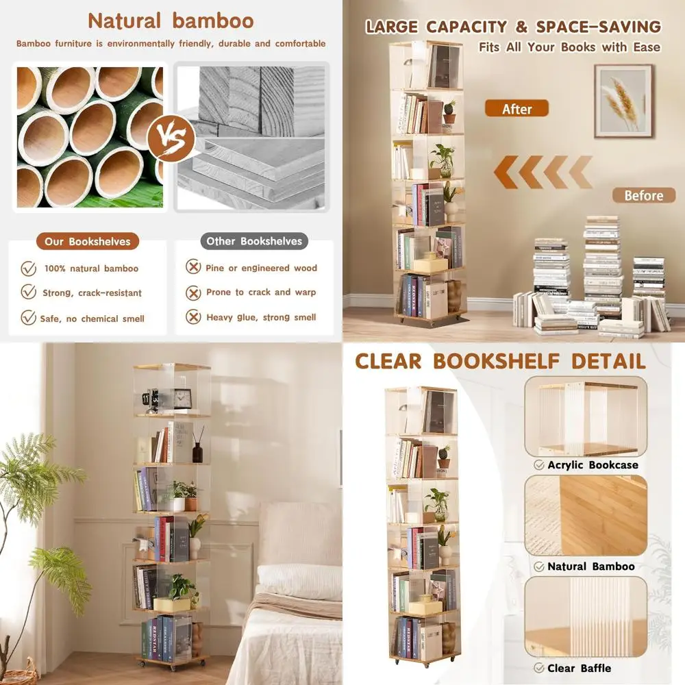 

360° Swivel Acrylic Bookshelf Tower - Tall, Narrow Storage for Kids, Modern Clear Bookcase with Wheels for Home & Office