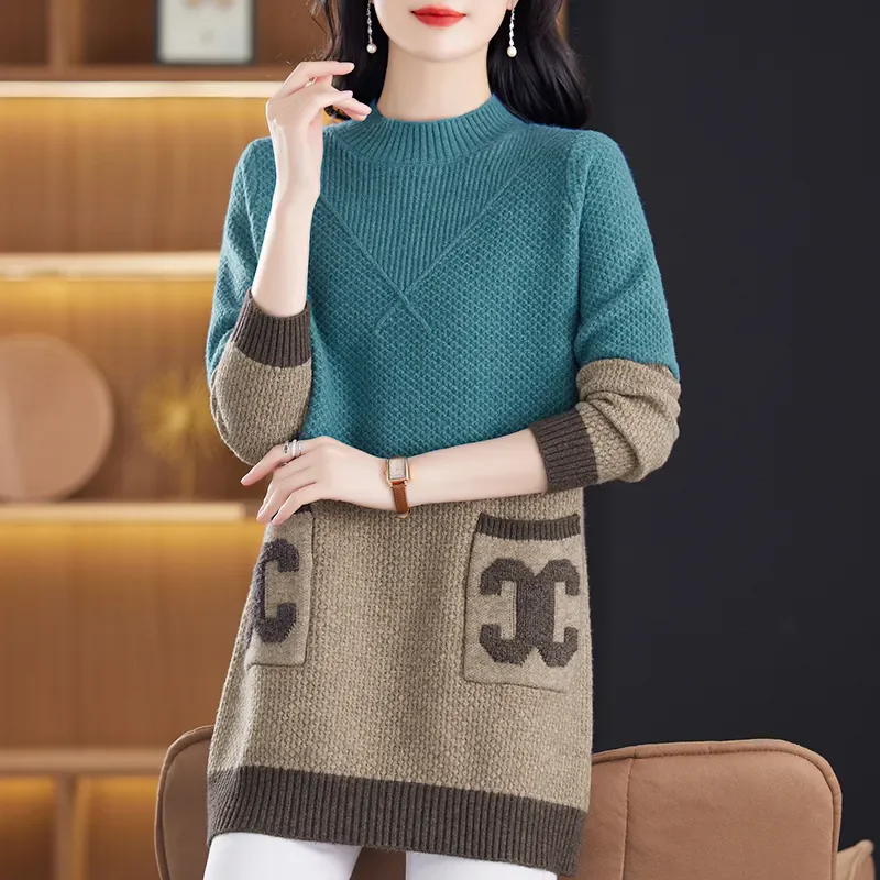 Mid-Length Pullover Knitted Sweater Women's Outer Wear 2024 New Loose Stitching Pocket Mock High Collar Wool Base Shirt Sweater