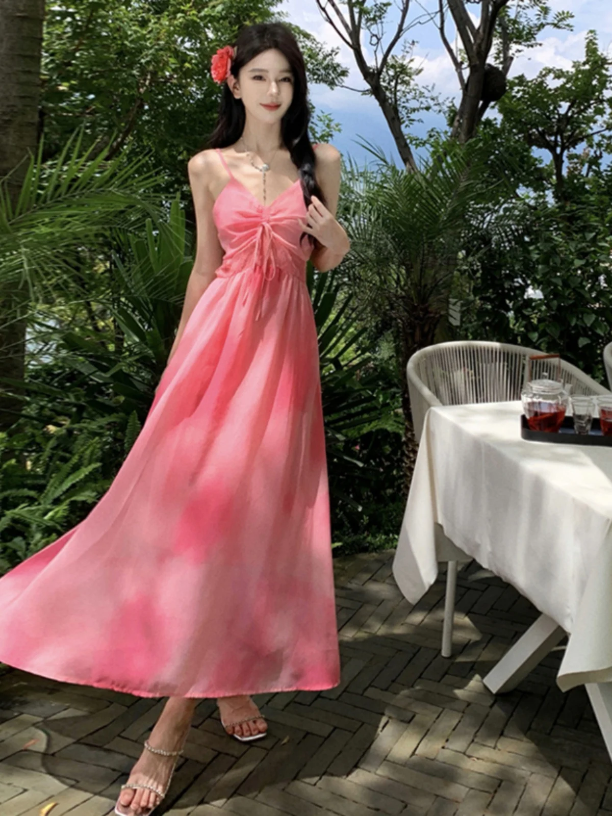 Pink Floral Print Chiffon ter Dr A-Line Skirt Summer Vaion Sle White Slimming Effect Sanya Travel ential V-Ne