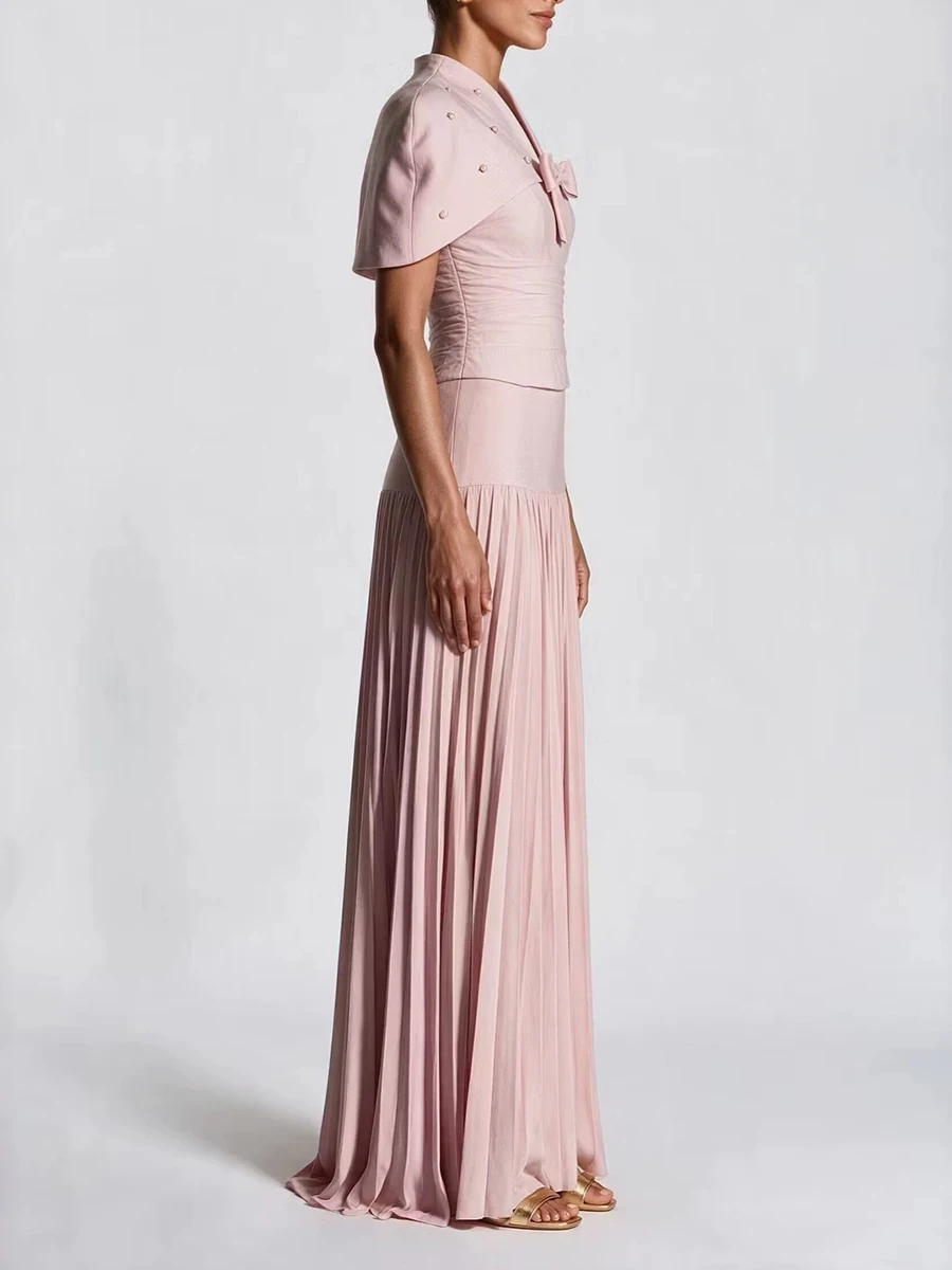 VGH Chic Pink 3 Piece Set for Women Beaded Bow Cape Sleeve Strapless Corset Top High Waist Pleated Floor Length Skirt for Party