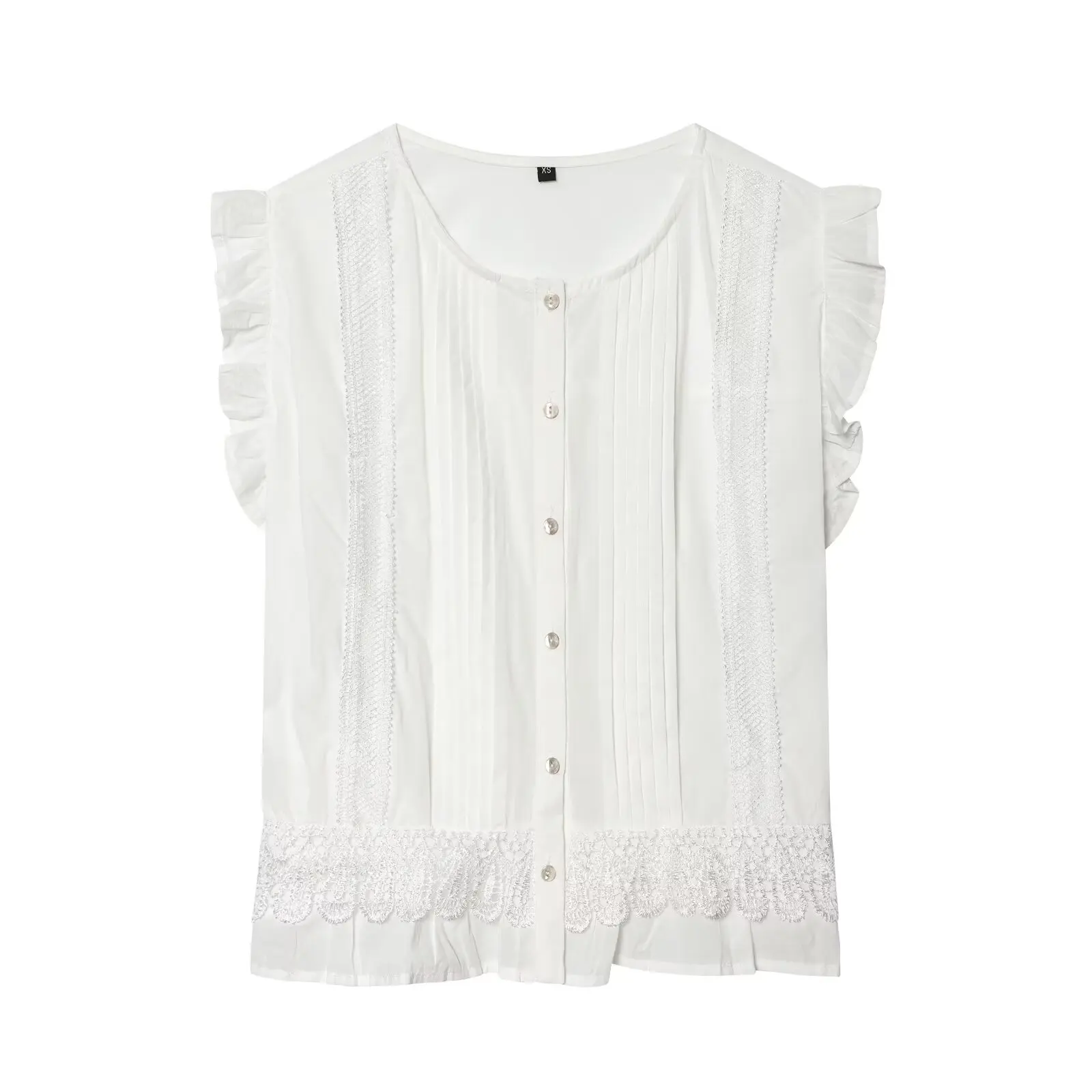 

WOMAN 2026 Summer New Fashionable Casual Vertical Lace Stacked Decoration Shirt Retro Short Sleeve Women's Shirt Chic Mujer