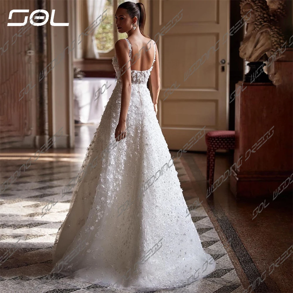 SOL Elegant 3D Lace Appliques Spaghetti Straps colletto quadrato abiti da sposa Sexy Backless a-line abiti da sposa Vestidos De Novia