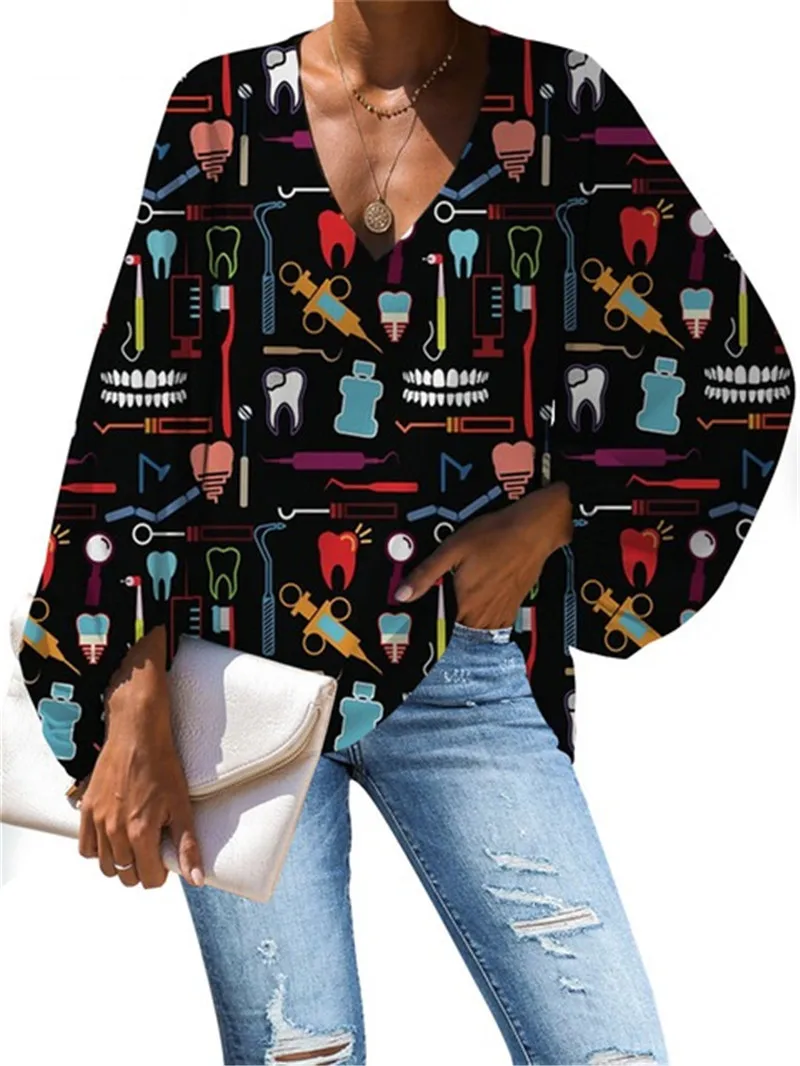 

Equipment Dentist Pattern Chiffon Blouse Summer 2023 Blusas Woman Casual Loose Long Sleeve Tops V-Neck Ladies Shirts & Blouses