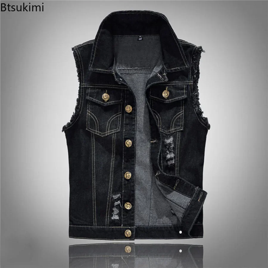 2025 Men's Fashion Jeans Sleeveless Jacket Vest Male Black Blue Denim Jeans Vest  Man Cowboy Outdoors Waistcoat Mens Jacket Vest