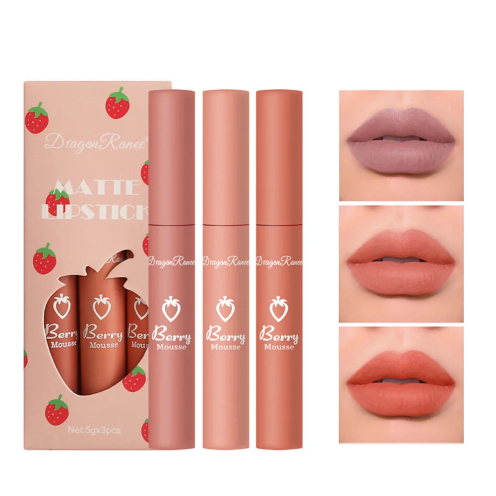 3PCS 딸기 립스틱 세트 벨벳 메이크업 매트 립스틱 오랫동안 지속되는 립글로스 비 스틱 컵 립글레이즈 선물 상자