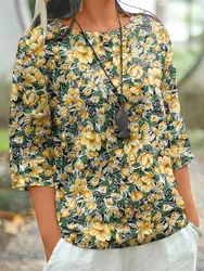 ZANZEA Women Flowers Print Blouse Casual 3/4 Sleeve Crewneck T Shirt 2024 Summer Fashion Tops Bohemian Holiday Chic Tunics Femme