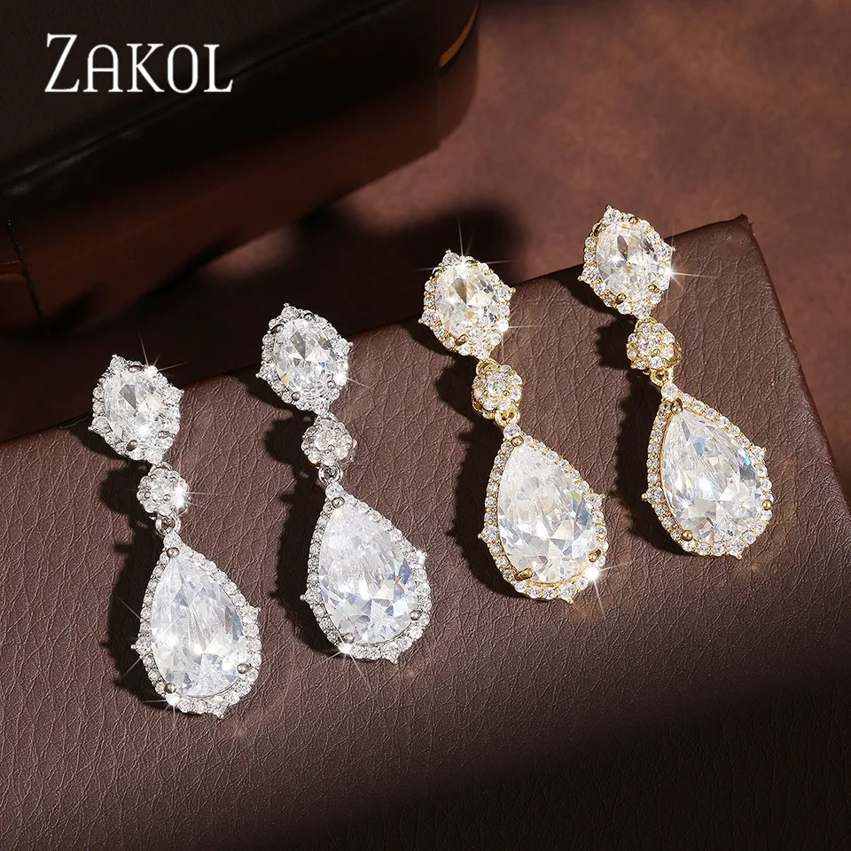 ZAKOL Luxury Water Drop Cubic Zirconia Dangle Earrings for Women Exquisite Gold Silver Color Charm Bridal Wedding Jewerly